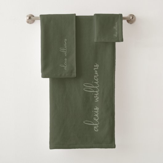 Moss Green Minimalistisch Script Signature Monogra Badhandtuch Set (Insitu)