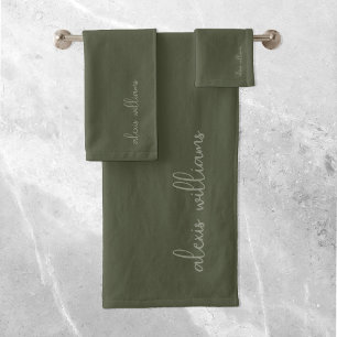 Moss Green Minimalistisch Script Signature Monogra Badhandtuch Set