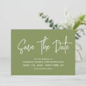 Moss Green Modern Calligraphy Scannable QR Code Save The Date (Stehend Vorderseite)