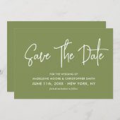 Moss Green Modern Calligraphy Scannable QR Code Save The Date (Vorne/Hinten)
