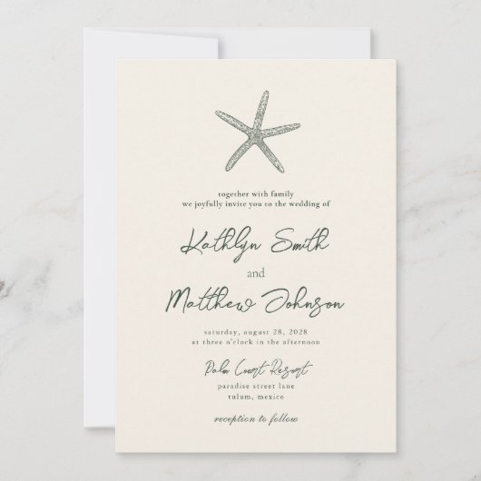 Moss Green Modern Muschel Beach Hochzeit in Urlaub Einladung (Vorderseite)