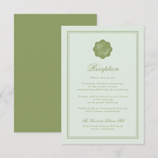 Moss Green Monogram Reception Card Begleitkarte (Vorne/Hinten)