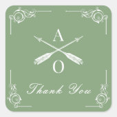 Moss Green Monogram und Arrows Wedding Vielen Dank Quadratischer Aufkleber (Vorderseite)