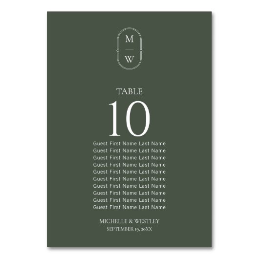 Moss Green Monogram Wedding Chart Tischnummer (Vorderseite)