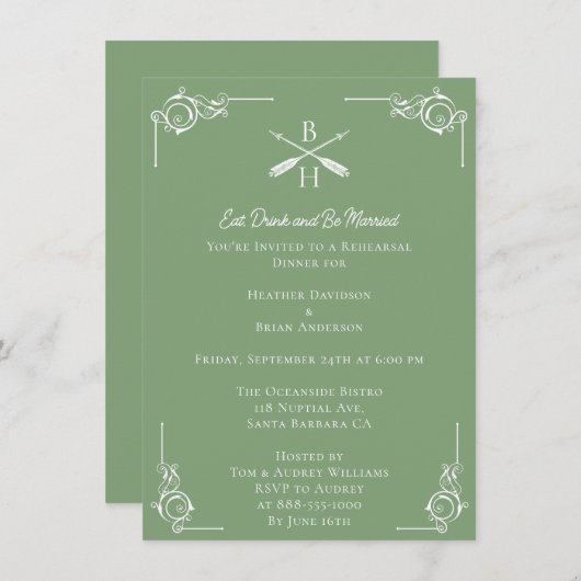 Moss Green Monogramme und Pfeile Probe Dinner Einladung (Vorne/Hinten)
