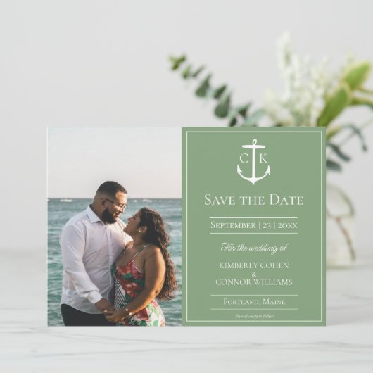Moss Green Naugram Foto Save the Date (Stehend Vorderseite)
