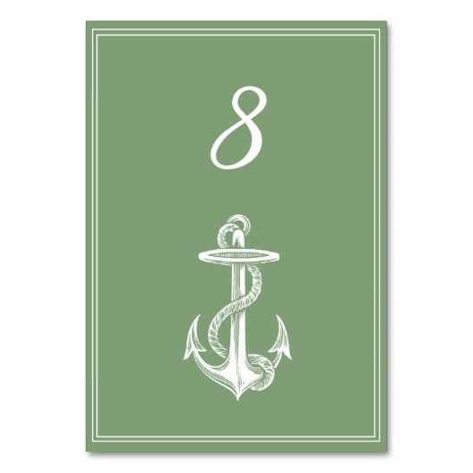 Moss Green Nautical Anchor Tischnummer Card (Vorderseite)