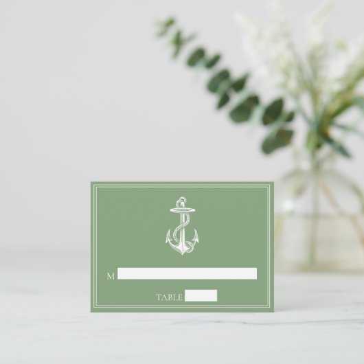 Moss Green Nautical Anchor Wedding Platzkarten (Stehend Vorderseite)
