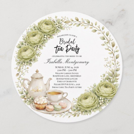Moss Green Palette Tea Party Bridal Shower Einladung (Vorderseite)