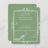 Moss Green Peacock Blüh Wedding RSVP Card (Vorne/Hinten)