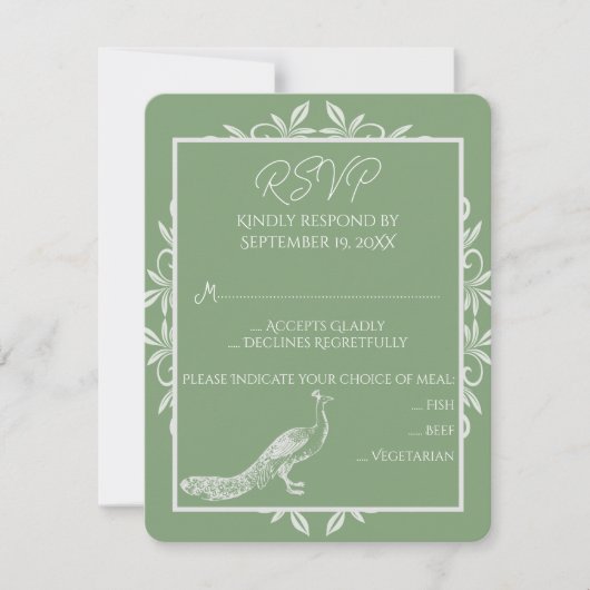 Moss Green Peacock Blüh Wedding RSVP Card (Vorderseite)