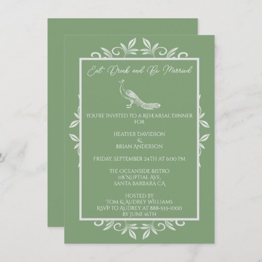 Moss Green Peacock Blühe Probe Dinner Einladung (Vorne/Hinten)