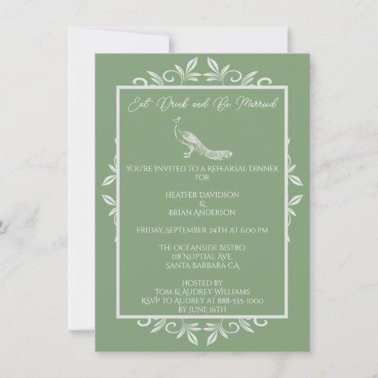 Moss Green Peacock Blühe Probe Dinner Einladung (Vorderseite)
