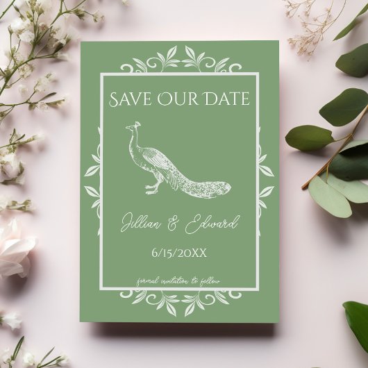 Moss Green Peacock Blühte Save the Date Ankündigung