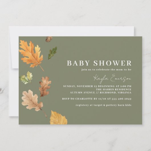 Moss Green | Rustic Forest Theme Fall Baby Shower Einladung (Vorderseite)