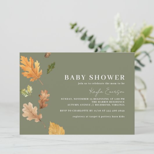 Moss Green | Rustic Forest Theme Fall Baby Shower Einladung (Stehend Vorderseite)