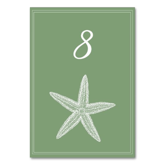 Moss Green Starfish Tischnummer Card (Vorderseite)