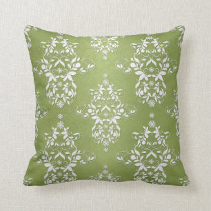 Moss Green und White Floral Damask Kissen