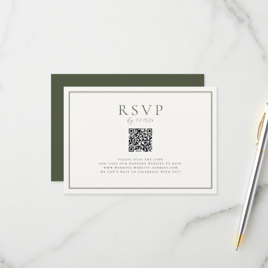 Moss Green Wedding QR Code RSVP Karte (Vorderseite/Rückseite Beispiel)