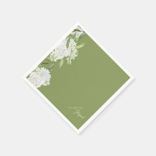 Moss Green White Floral Script Name Brautparty Serviette (Ecke)