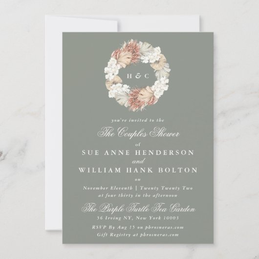 Moss Pampas Sage Monogram Wreath Couples Dusche Einladung (Vorderseite)