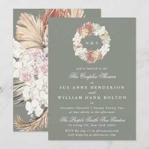 Moss Pampas Sage Monogram Wreath Couples Dusche Einladung