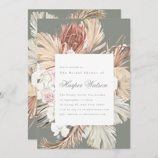 Moss Pampas Tropical Sage Romantisches Brautparty Einladung (Vorne/Hinten)