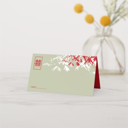 Moss & Red Bamboo Blätter Double Xi Chinesische Ho Platzkarte (Vorderseite)