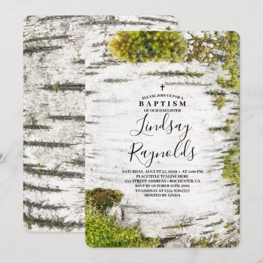 Mossy Birch Tree Rustikale Landschaft Taufe Einladung (Vorne/Hinten)