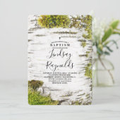 Mossy Birch Tree Rustikale Landschaft Taufe Einladung (Stehend Vorderseite)