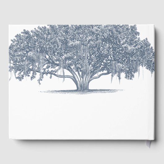 Mossy Oak Tree in Blue Wedding Guest Book Gästebuch (Rückseite)