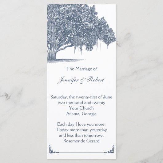 Mossy Oak Tree in Blue Wedding Program Programm (Vorderseite)