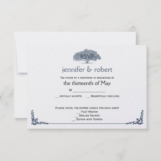 Mossy Oak Tree in Blue Wedding Response Card RSVP Karte (Vorderseite)