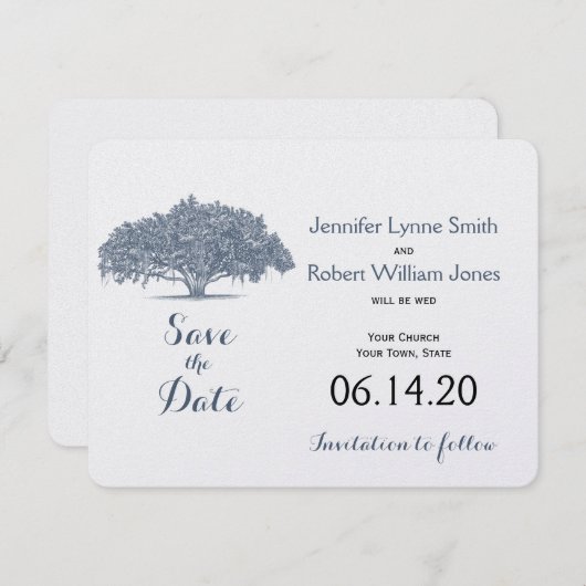 Mossy Oak Tree in Blue Wedding Save the Date (Vorne/Hinten)