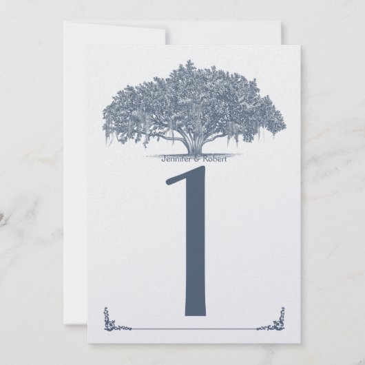Mossy Oak Tree in Blue Wedding Tischnummer (Vorderseite)