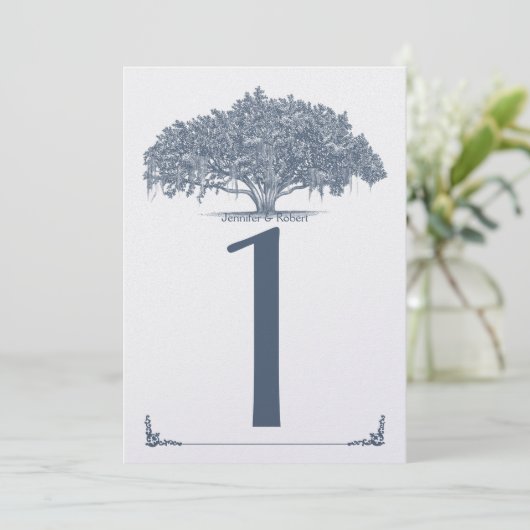 Mossy Oak Tree in Blue Wedding Tischnummer (Stehend Vorderseite)