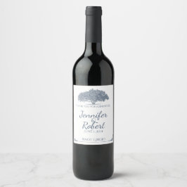 Mossy Oak Tree in Blue Wedding Wine Label Weinetikett