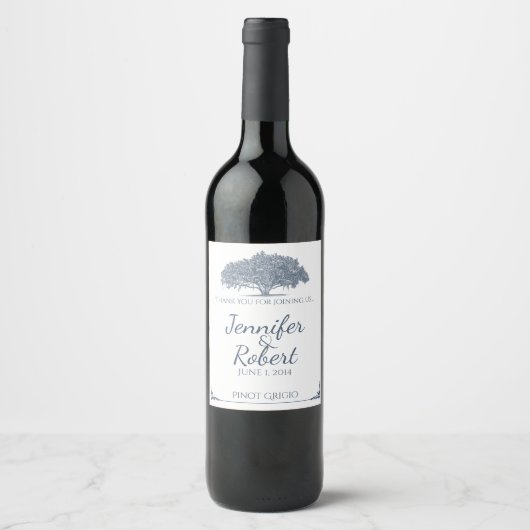 Mossy Oak Tree in Blue Wedding Wine Label Weinetikett (Vorderseite)