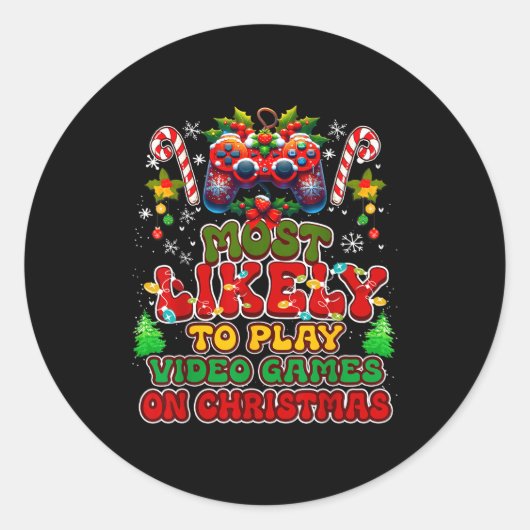 Most Likely To Play Video Games On Christmas Funny Runder Aufkleber (Vorderseite)