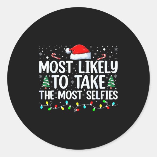 Most Likely To Take The Most Selfies Christmas Tre Runder Aufkleber (Vorderseite)
