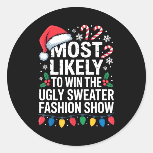 Most Likely Win Ugly Sweater Party Humor Holiday L Runder Aufkleber (Vorderseite)
