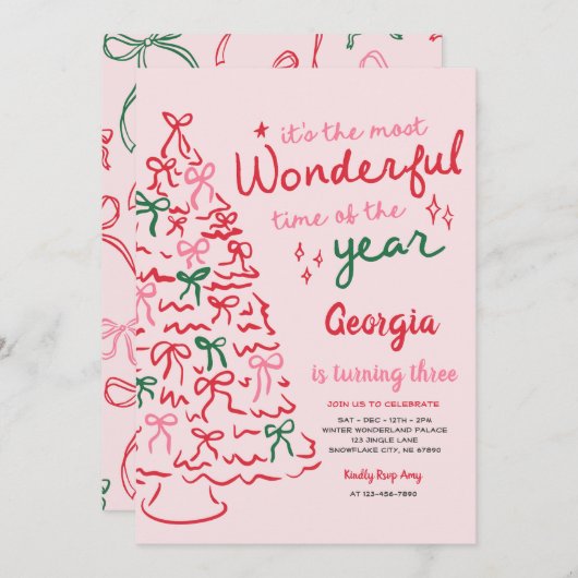 Most Wonderful Coquette Bow Christmas Birthday Einladung (Vorne/Hinten)
