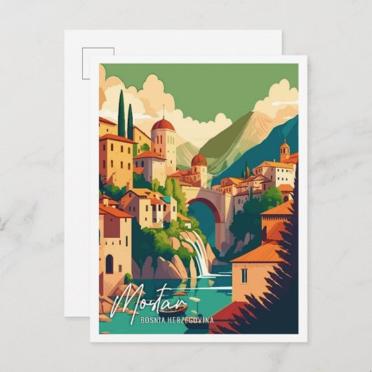 Mostar Bosnien Art Vintage Reisebild Postkarte (Vorne/Hinten)
