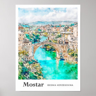 Mostar Bosnien Reise Wasserfarbe Handgezeichnet Poster