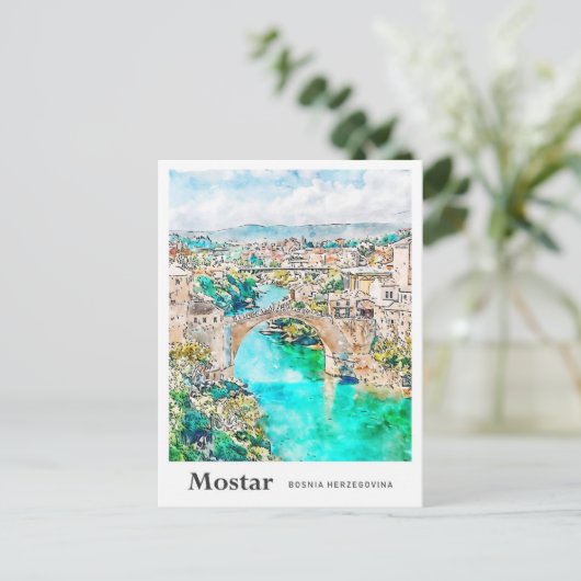 Mostar Bosnien Reisen Wasserfarbenhandzeichnung Postkarte (Stehend Vorderseite)