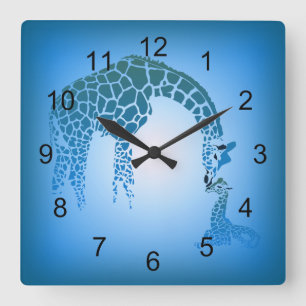 Mother and Cute Baby Giraffe Cerulean Quadratische Wanduhr