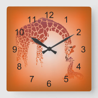 Mother and Cute Baby Giraffe Tangerine Quadratische Wanduhr
