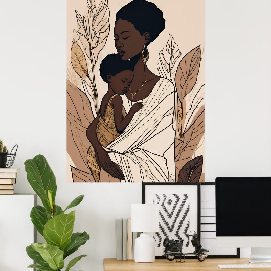 Mother & Child Afro Line Art Print Poster (Heimbüro)