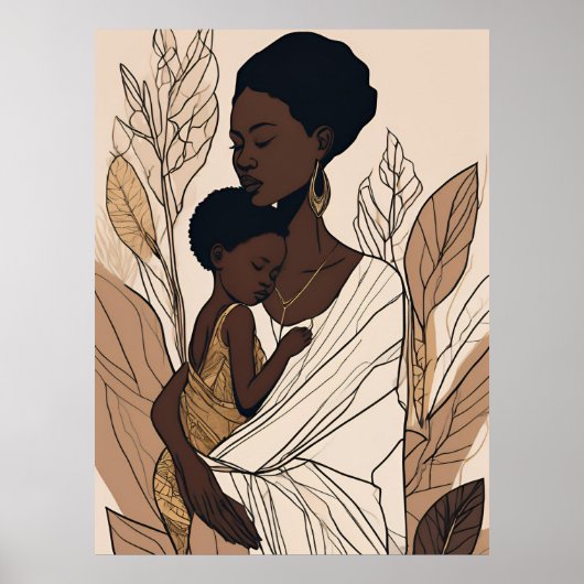 Mother & Child Afro Line Art Print Poster (Vorne)