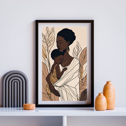 Mother & Child Afro Line Art Print Poster